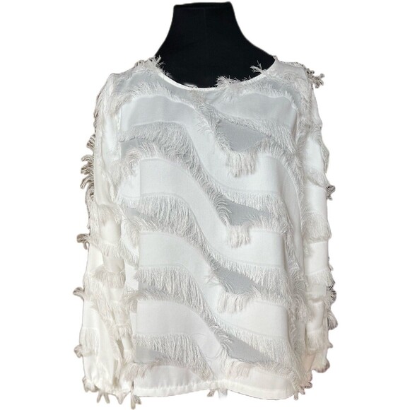 Anthena Marie Porcelain White Fringe Balloon Sleeve Blouse Women's Size M NWOT - Picture 1 of 7